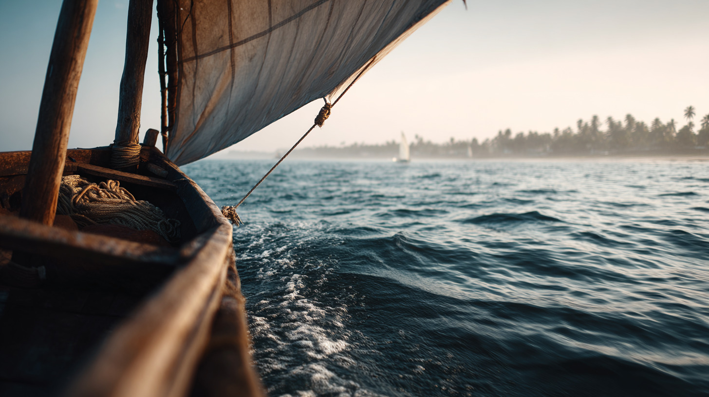 Bateau traditionnel naviguant sur l’Océan Indien, symbole des routes maritimes et des échanges culturels.